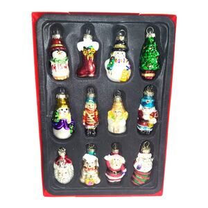 VTG Small Hand Painted Blown Glass Christmas Ornaments Box Set of 12 Assorted